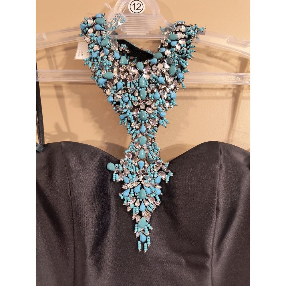 Morilee Black Strapless Mermaid Gown W/ Turquoise & Rhinestone Neckpiece 12 - Picture 3 of 10
